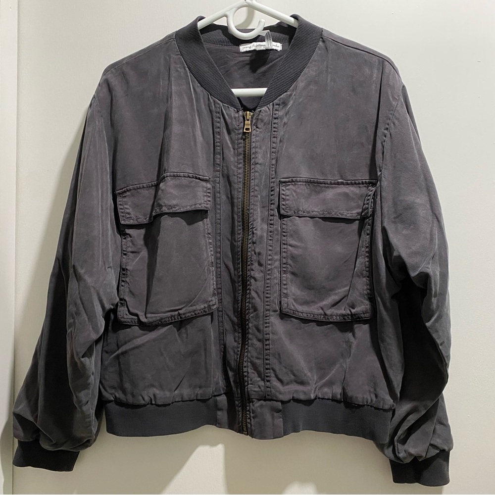 Young Fabulous & Broke Grey Preppy Goth Oversized Cropped Cargo Bomber Jacket L
